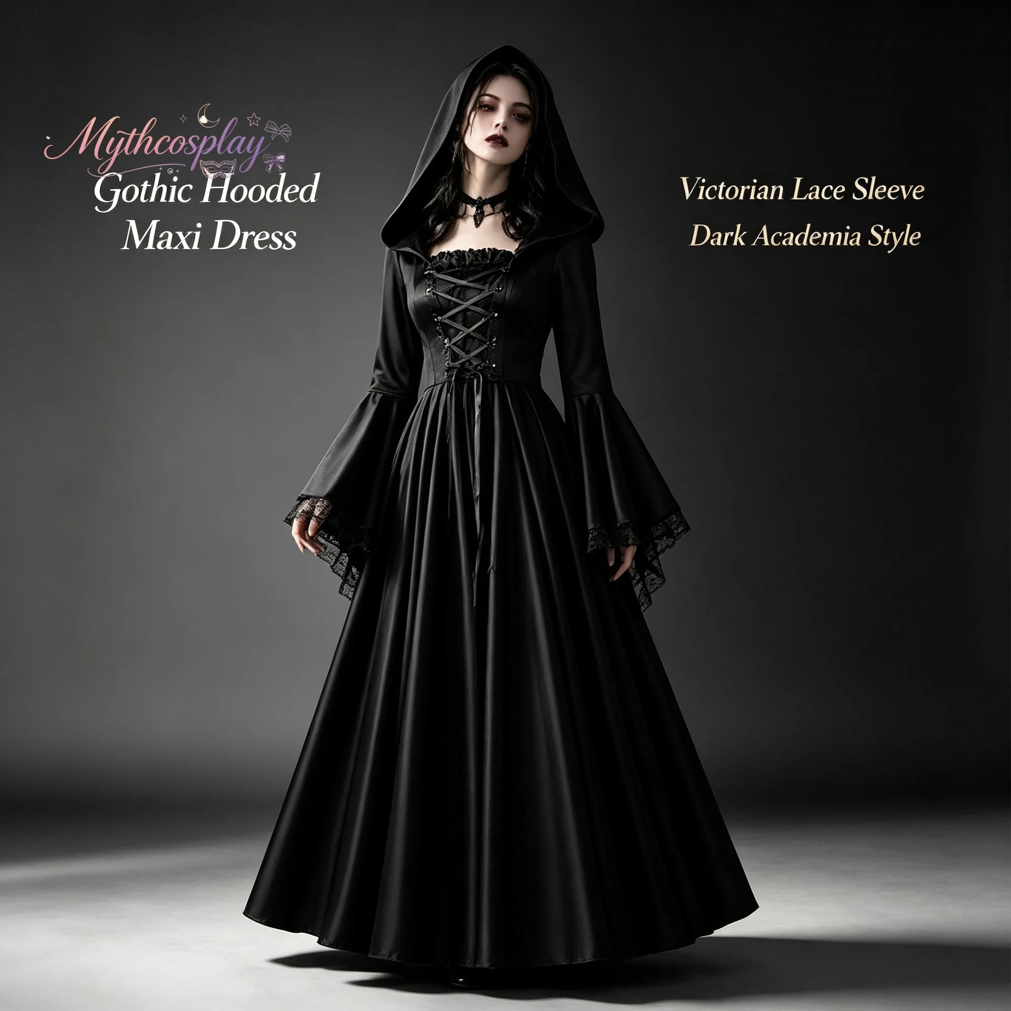 MythCosplay Medieval Gothic Hooded Long Dress Witch Costume For Halloween Stage Performance Role Play