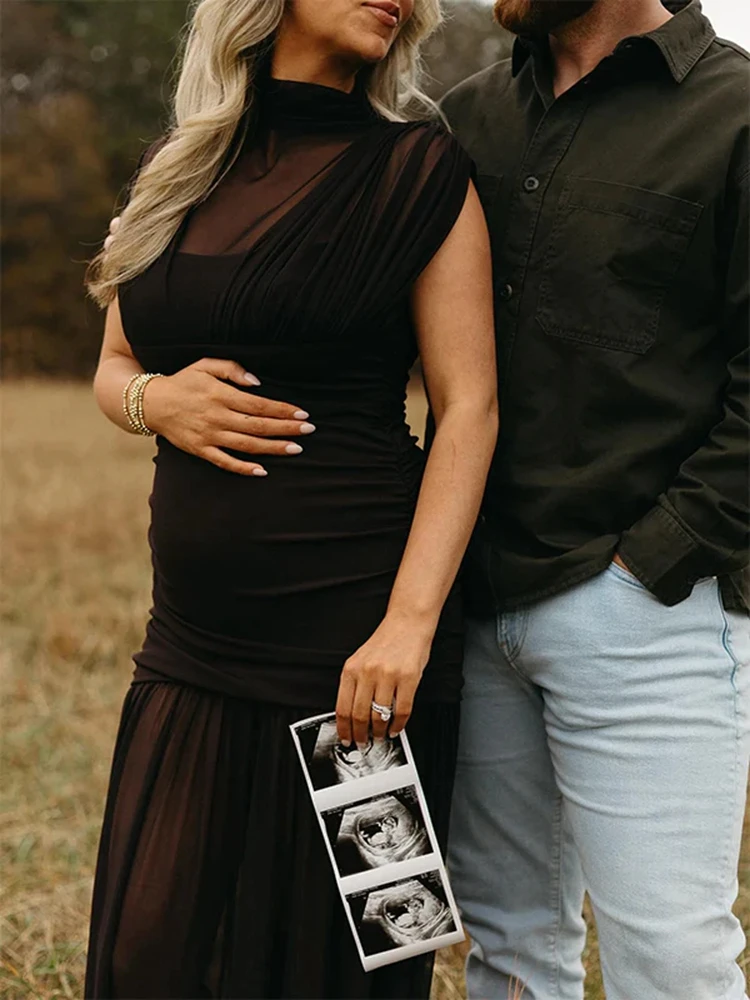 

Maternity Halter Neck Sheer Mesh Ruched Dress Sleeveless Pregnancy Photoshoot Outfit Elegant Maternity Photography Gown Women