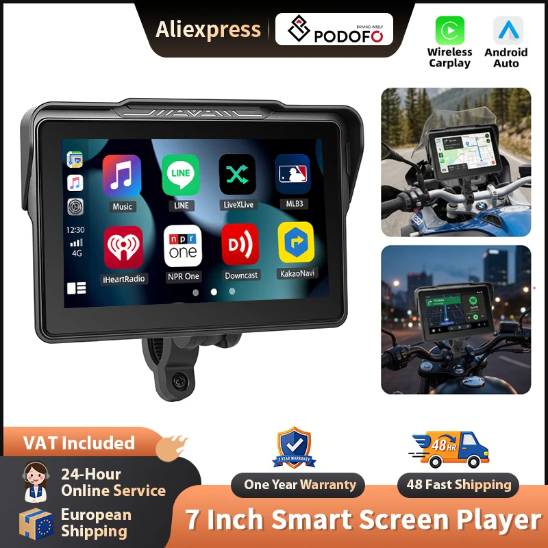Podofo 7-Zoll Motorrad Smart Player Kabelloses CarPlay Android Auto IP67 Wasserdichter GPS-Navigationsmonitor für Motorräder