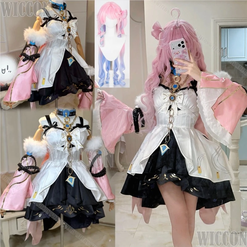 WuWa Neues Role-Play-Kostüm für Denia aus Wuthering Waves, Niedliches Loli-Kostüm, Weiß-Rosa Kleid, Lolita Rosa-Lila Perücke, Halloween-Accessoire für Frauen
