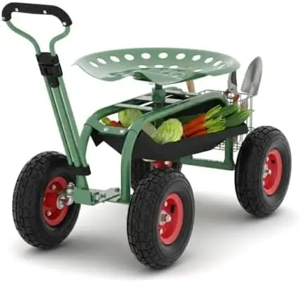 Garden Cart Rolling Workseat with Wheels, Gardening Stool for Planting, 360 Degree Swivel Seat with Steering Handle &