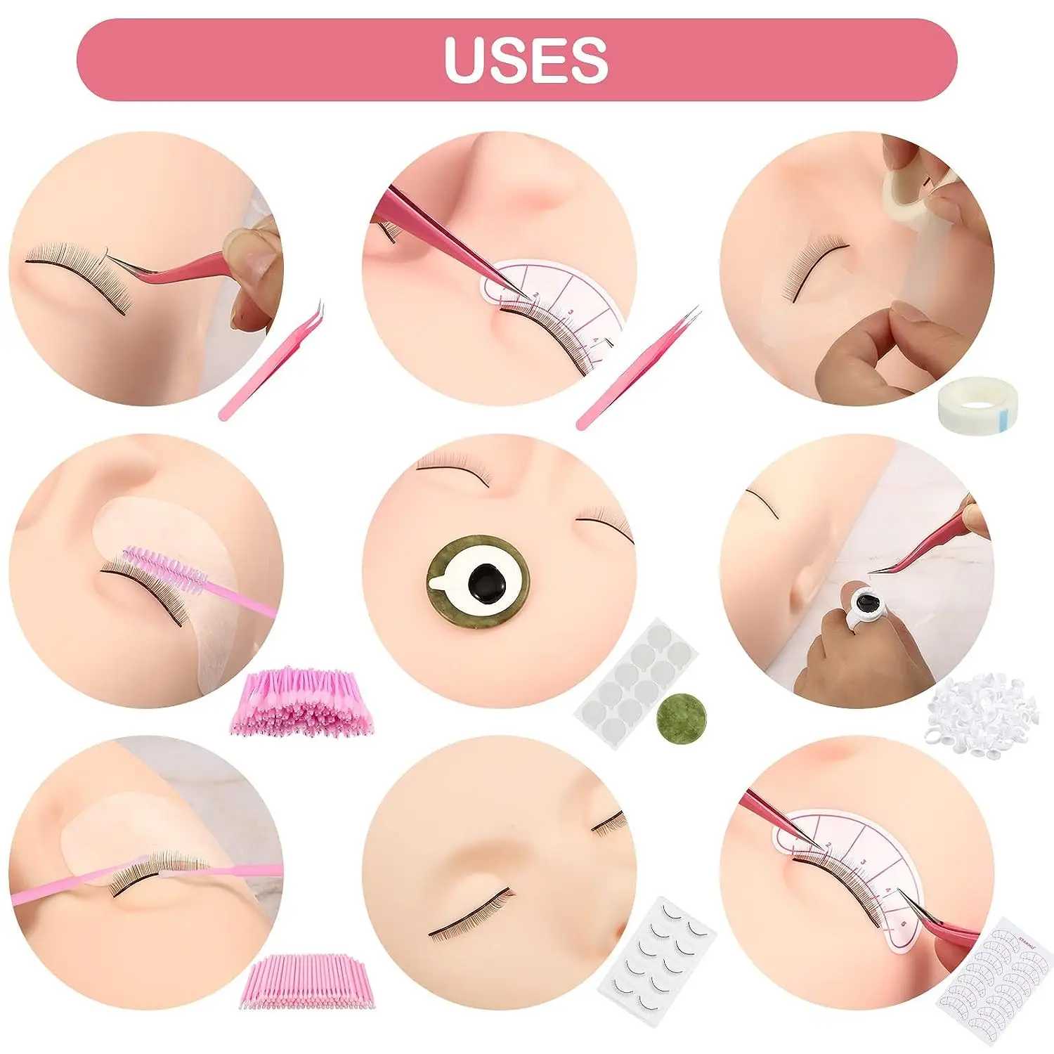 False Eyelash Extension Kit for Beginner Practice Model Head Eye Pads Tweezers Glue Ring Brush Grafting Eyelash Tools Kit