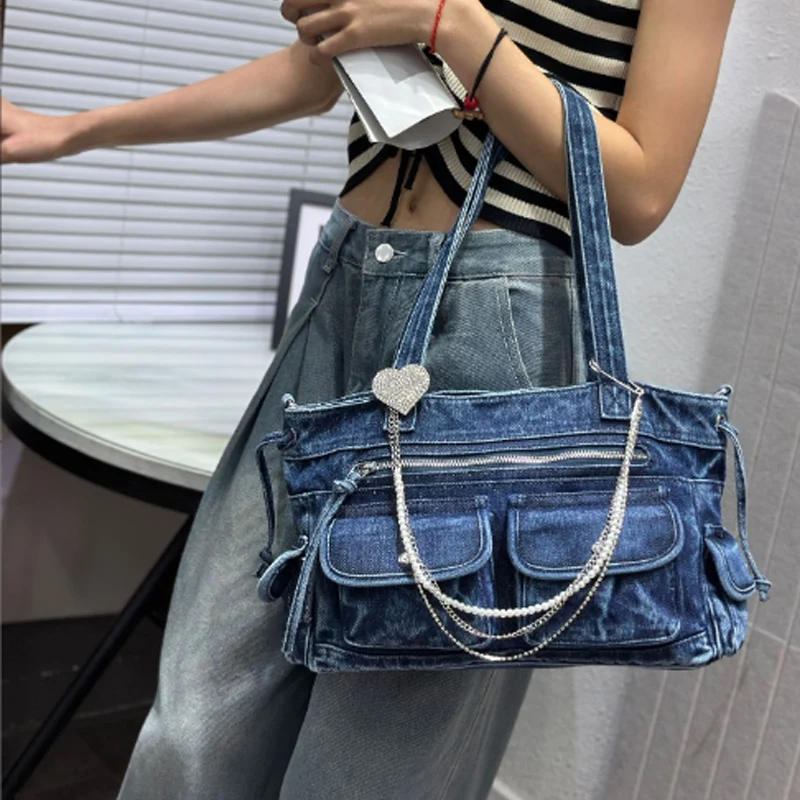 

Retro Washed Denim Women's Bag European and American Fashion Shoulder Bag Women Handbag Underarm bag