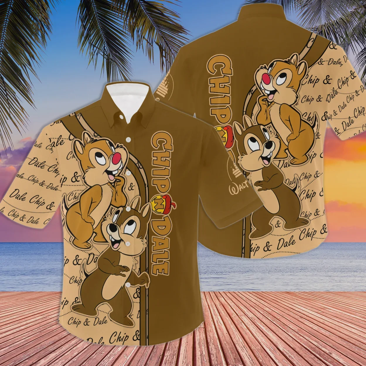 Dale e Disney Chip masculina camisa havaiana, camisa havaiana de botão de praia, manga curta, moda verão