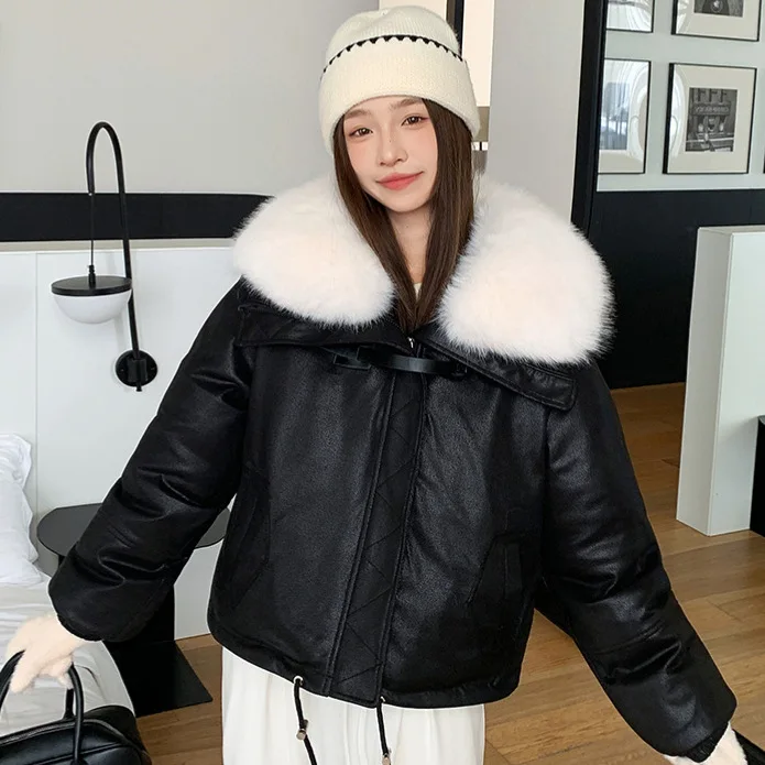Short Women Parkas Coats Oversize Jackets Solid Big Fur Collar Zipper Drawstring Hem Loose Fit Thick Casual 2025 Autumn Winter