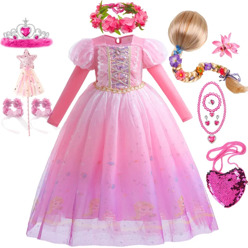 Girl Rapunzel Costume Tangled Long Sleeve Princess Dress Children Luxury Print Ball Gown Lace Sequin Gradient Fluffy Frocks