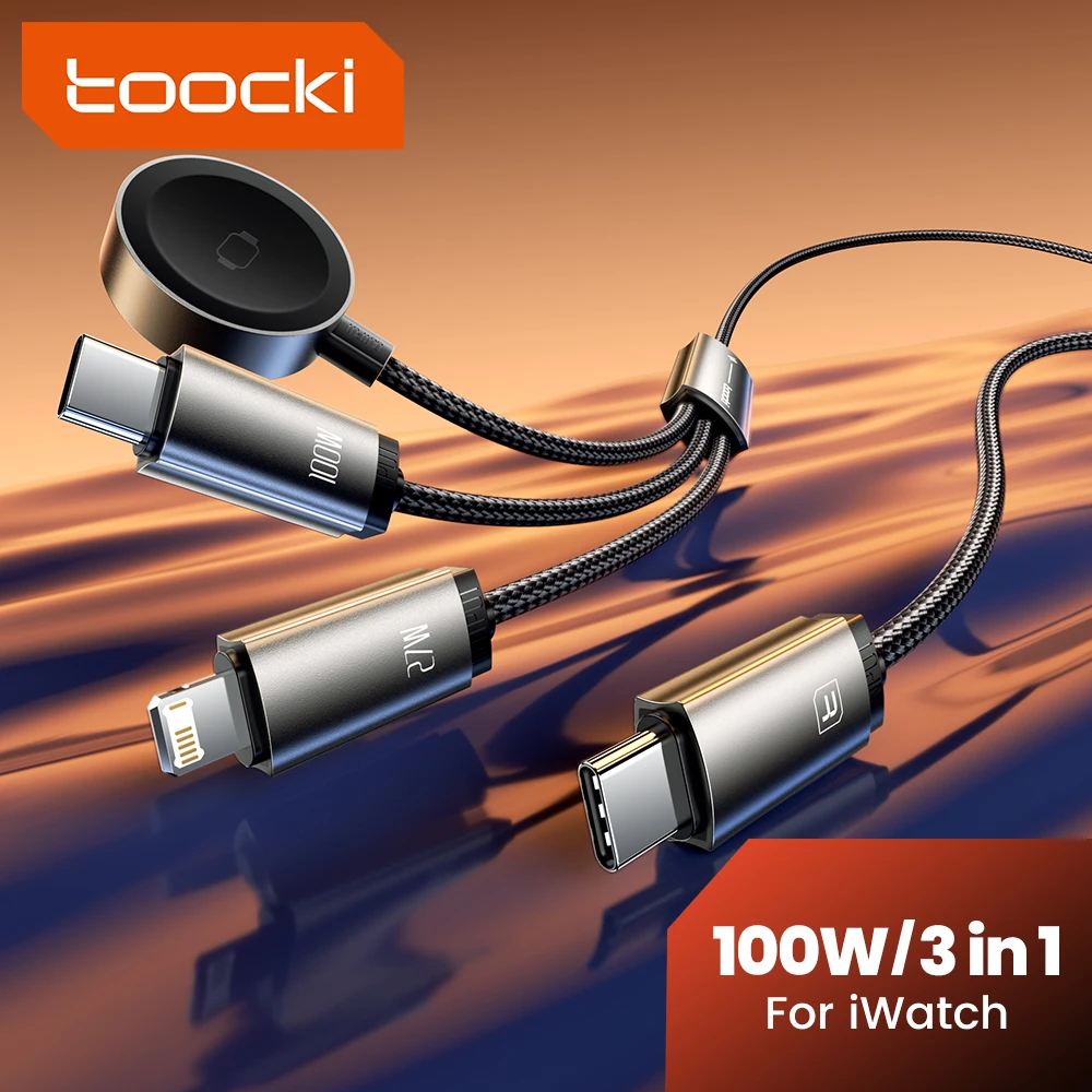 

Кабель Toocki 3-в-1 USB-C - USB-C - Lightning с зарядкой для часов, быстрая зарядка 100 Вт, кабель Type-C для iPhone 15, 16, 17 Pro