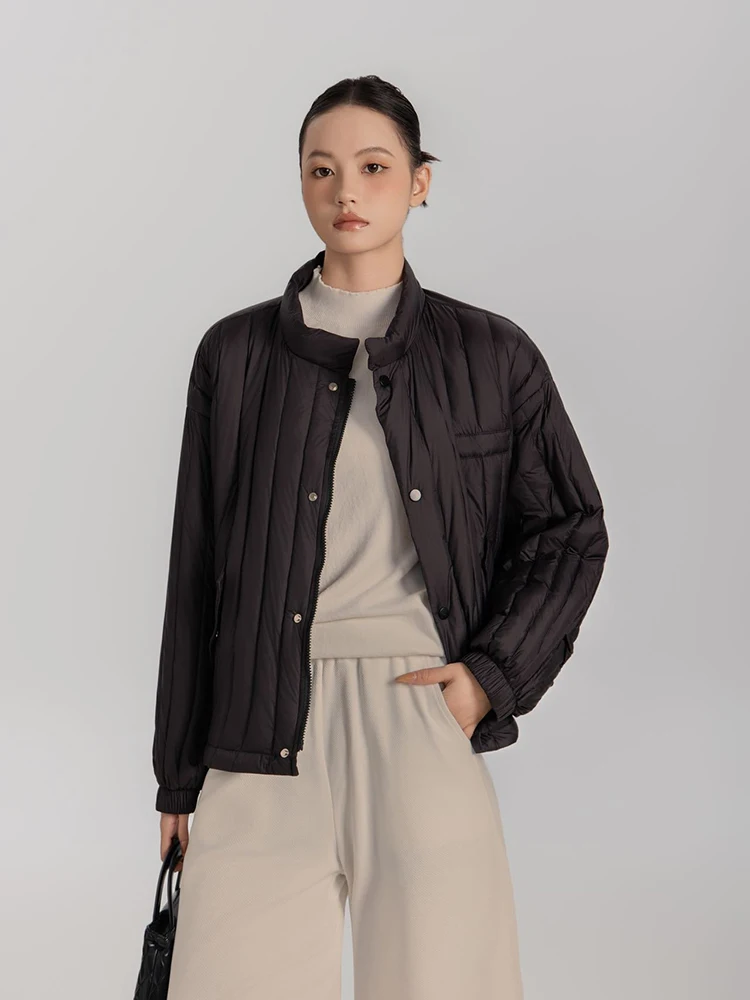 Winter White Duck Down Stand Collar Down Jacket Women Vertical Stripes Vertical Stripes Warm Jacket Female Quilted Parka Outwear
