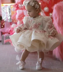 Customized Ivory Sparkling Infant Toddler First Birthday Dress O Neck Tutu Outfit Long Puff Sleeve Tulle Gown with Huge Big Bow