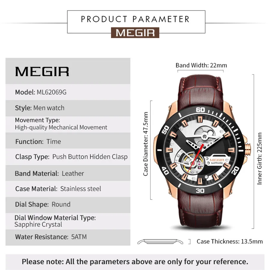 MEGIR Fashion Leather Watches for Men Sapphire Stainless Steel Automatic Mechanical Watch Sports Clock Montre Homme 62069