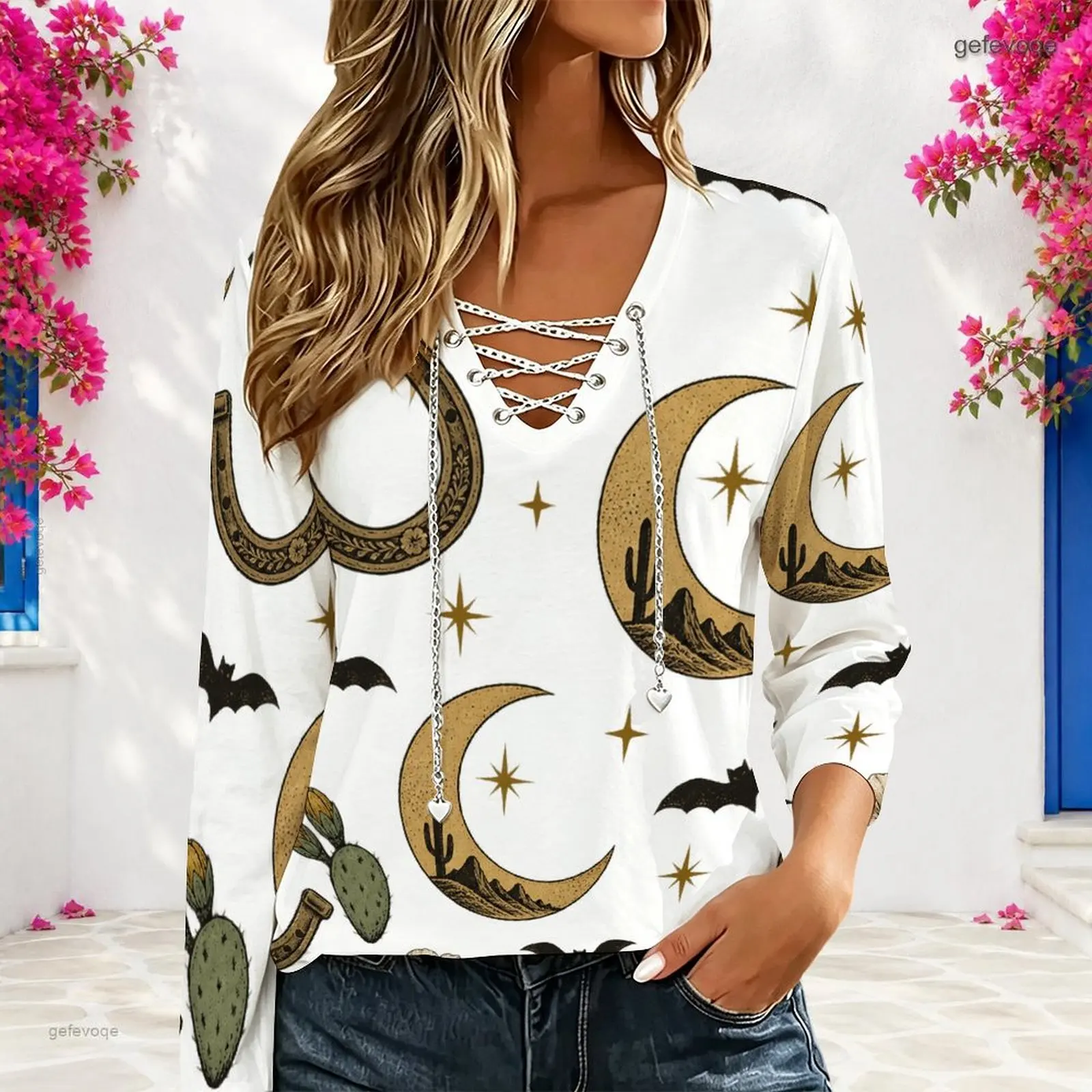 Women White Printed Cartoon Ghost Long Sleeve V Neck Eyelet Chain Lace Up Top