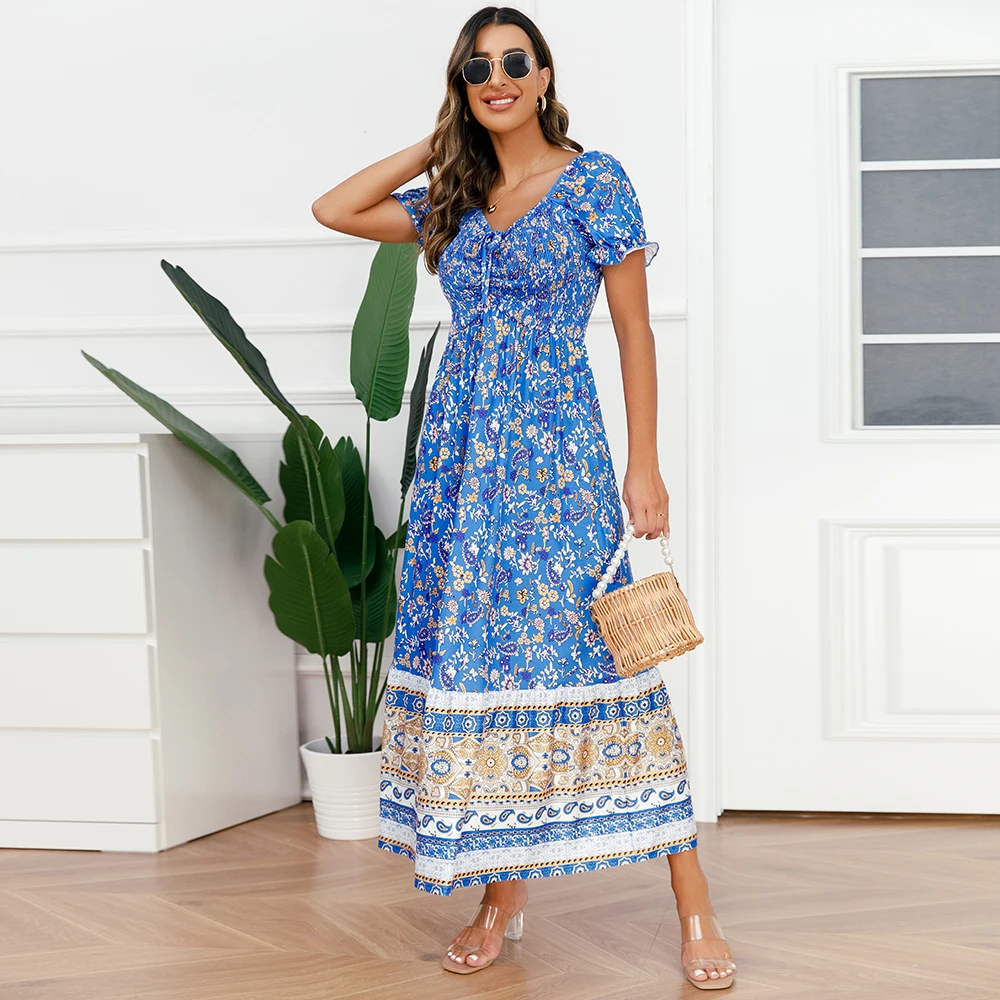 COZOK Women Summer Dresses 2023 Casual Flowy Beach Square Neck Puff Short Sleeve Smocked Back Boho Floral Long Maxi Dress