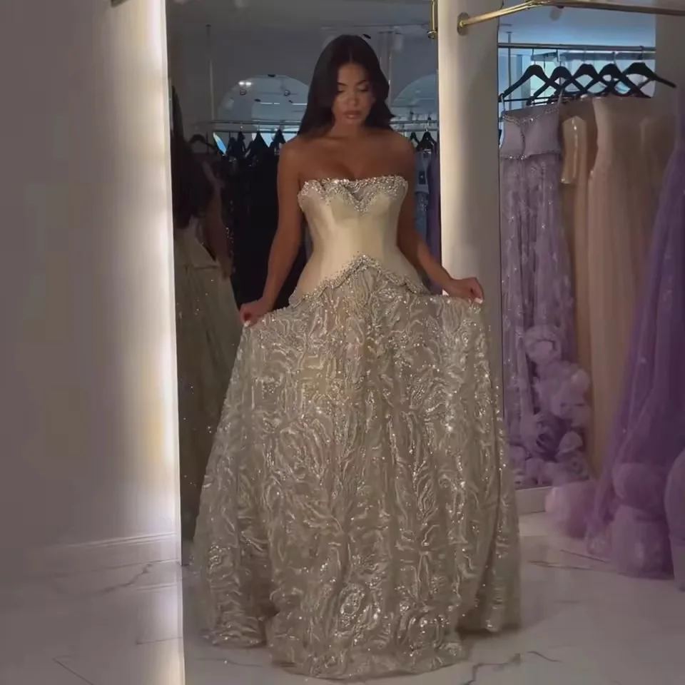 

Arabia Luxury Champagne A-Line Party Dresses Strapless Appliques Sequined Crystal Lace Up Back Shining Occasion Gowns Customized