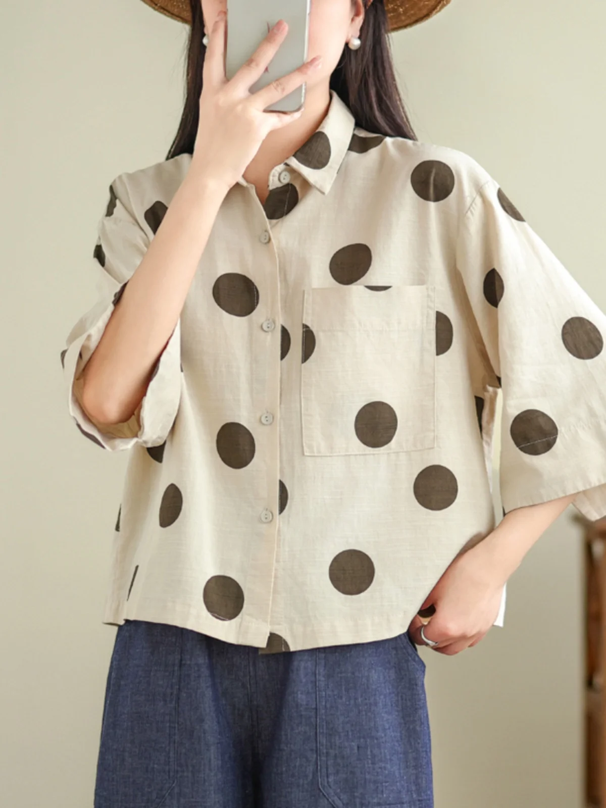 

Retro Artistic Polka Dot Cotton Linen ort Sve Women's Summer Casual Loose Fit Versatile Top Collar Button up irt