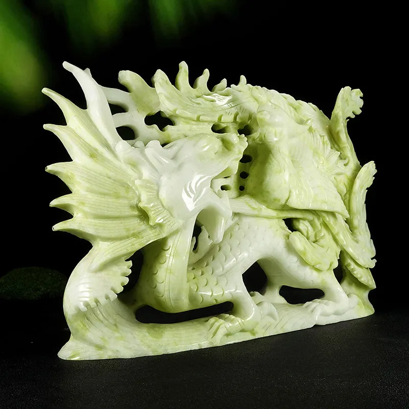 Natural jadeite blue field jade dragon and phoenix ornaments, auspicious dragon and phoenix decorations for home living room and