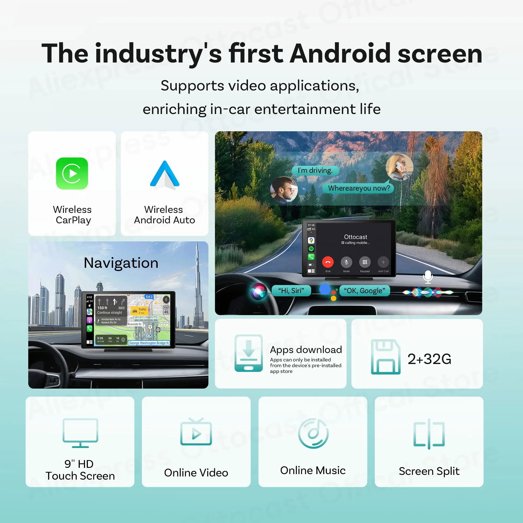 Ottocast Express 9 "Android Car Touch Screen Wireless CarPlay Android Auto لـ Netflix Youtuber Tik Tok ملحقات السيارة العامة