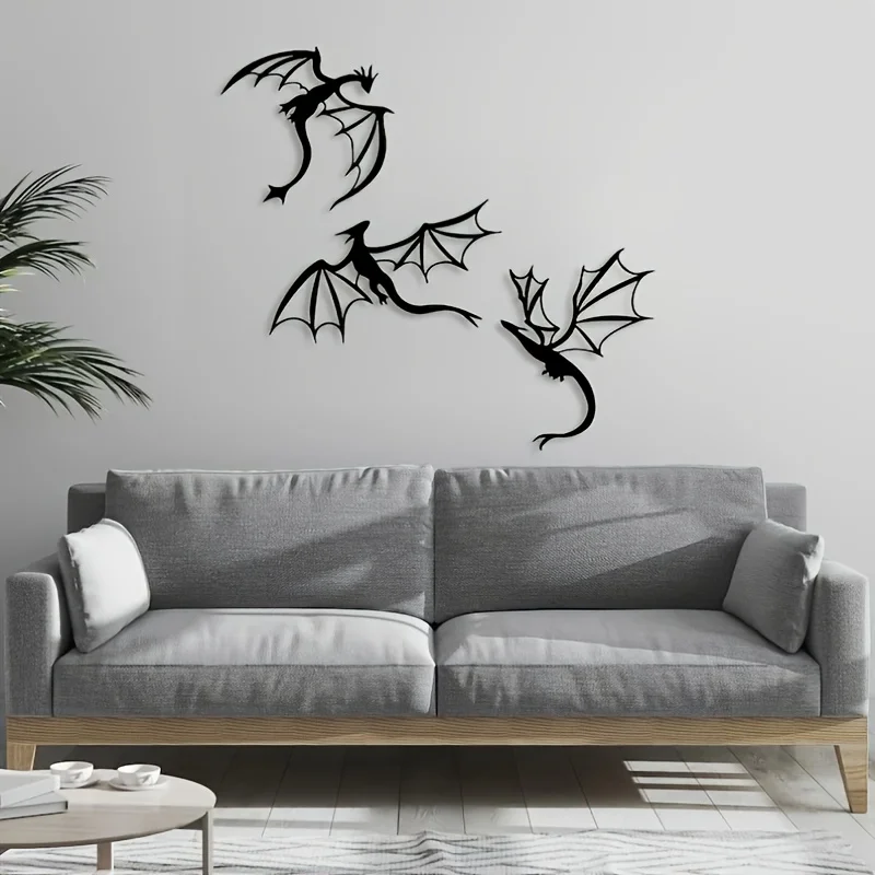 Drachen-Wandkunst aus Metall |   Set mit 3, 30 cm/11,81 Zoll |   Metall |   Legendär, elegant |   Innen- und Außenbereich, Zuhause, Terrasse, Balkon, Dekoration