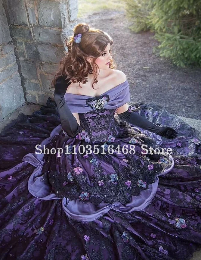 Vintage Gothic Victorian Prom Dress Grape Purple Fairy Princess Belle Floral Embroidered Lace Ruffles Masquerade Cosplay Evening