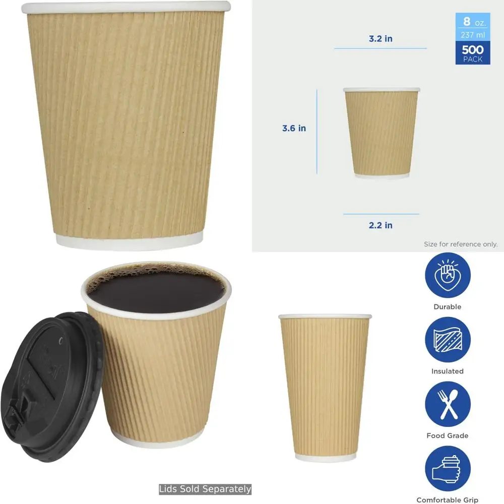 

Disposable Insulated Paper Coffee Cups, 8 oz Ripple Design, Sturdy Leak-Proof, 500 Count, 80mm Diameter, No Lids, Ideal for Hot