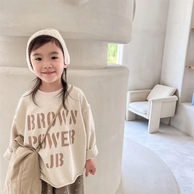 Children Autumn Sweatshirts Letter Printed Korean Style Unisex Kids Loose Casual Pullovers Tops