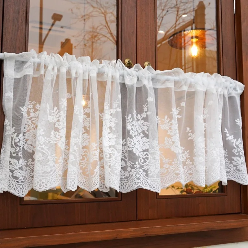 1PC American Rustic Flower Lace Short Sheer Curtain White Transparent Fine Woven Partition Dust Curtain For Kitchen Door Cabinet