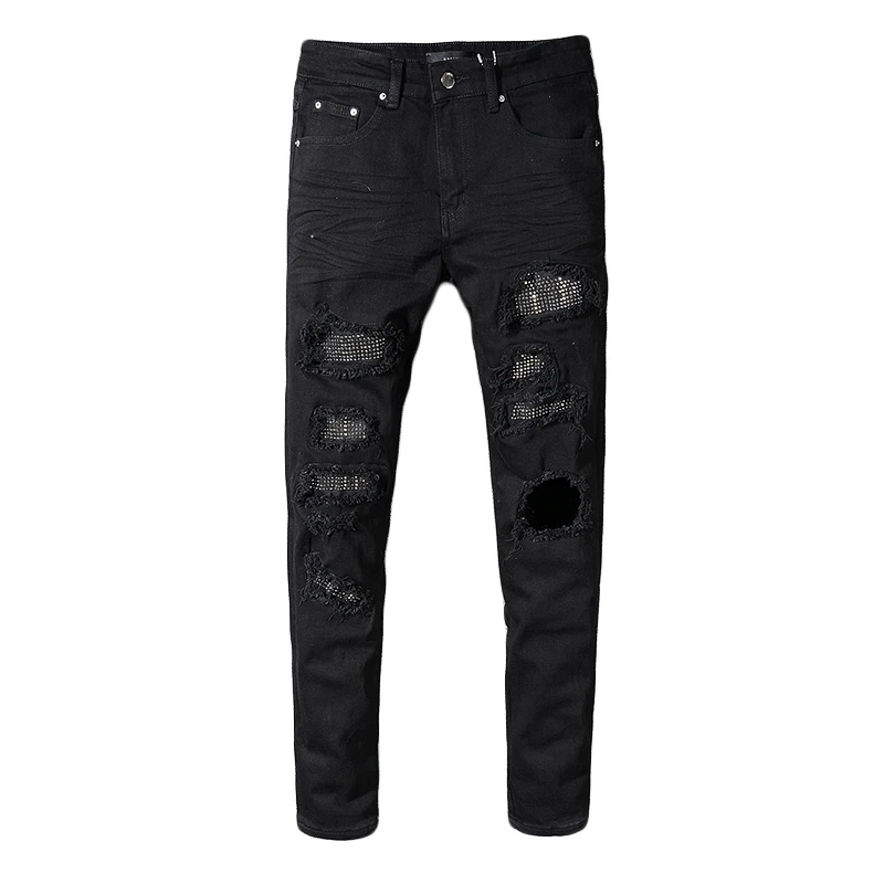 Men\'s Jeans Black Slim Skinny Crystal Rhinestone Patchwork Ripped Jeans For Men Fashion Patch Black Stretch Denim Pants 565