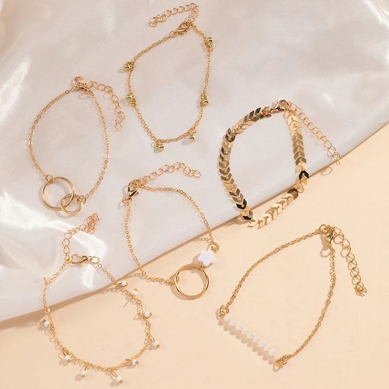 6 PCS Different Style Bracelet Leaf Gold/White Bead Charm Gold/Silver Color Chain Bracelet Women\'s Elegant Stackable Jewelry