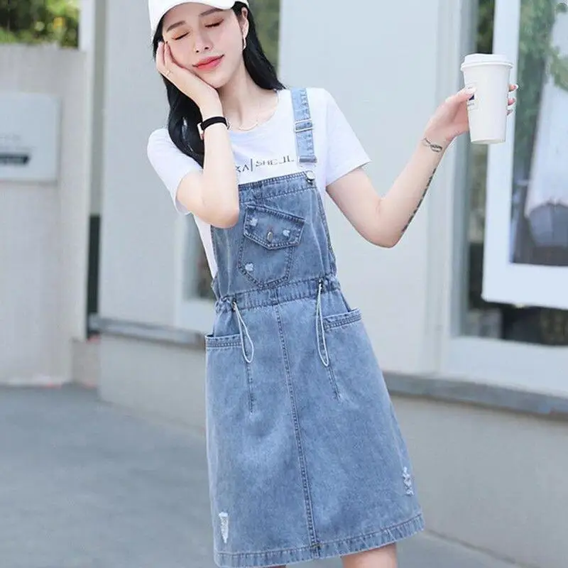 

New Summer Woman Girl Denim Pinafore Dress with Slit Vintage Blue Jeans Jumper Skirt Dress with Strap Overalls