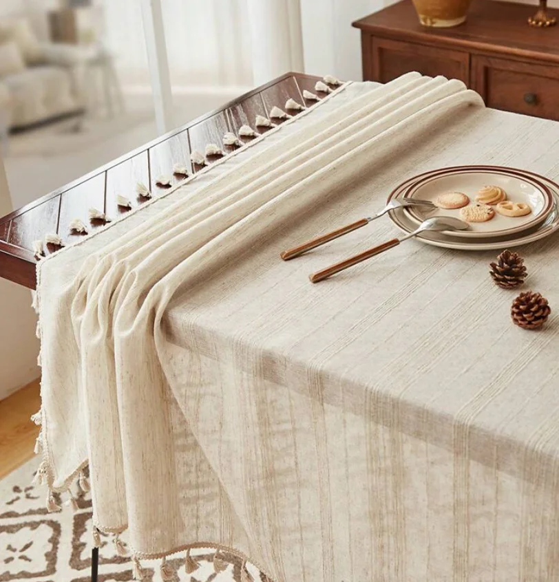 1pc Handmade thick linen striped tablecloth with tassel trim, multi shape, ideal for kitchen and dining room decoration