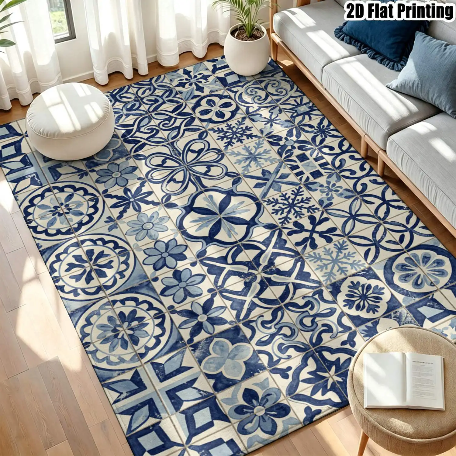1Pc 2D Printed Carpet with Blue-White Retro Tile Pattern, European/Retro/Bohemian Style, Home Decor, Multiple Sizes, Machine Washable, for Entrance, Dining, Foyer, Bedroom, Study, Living Room