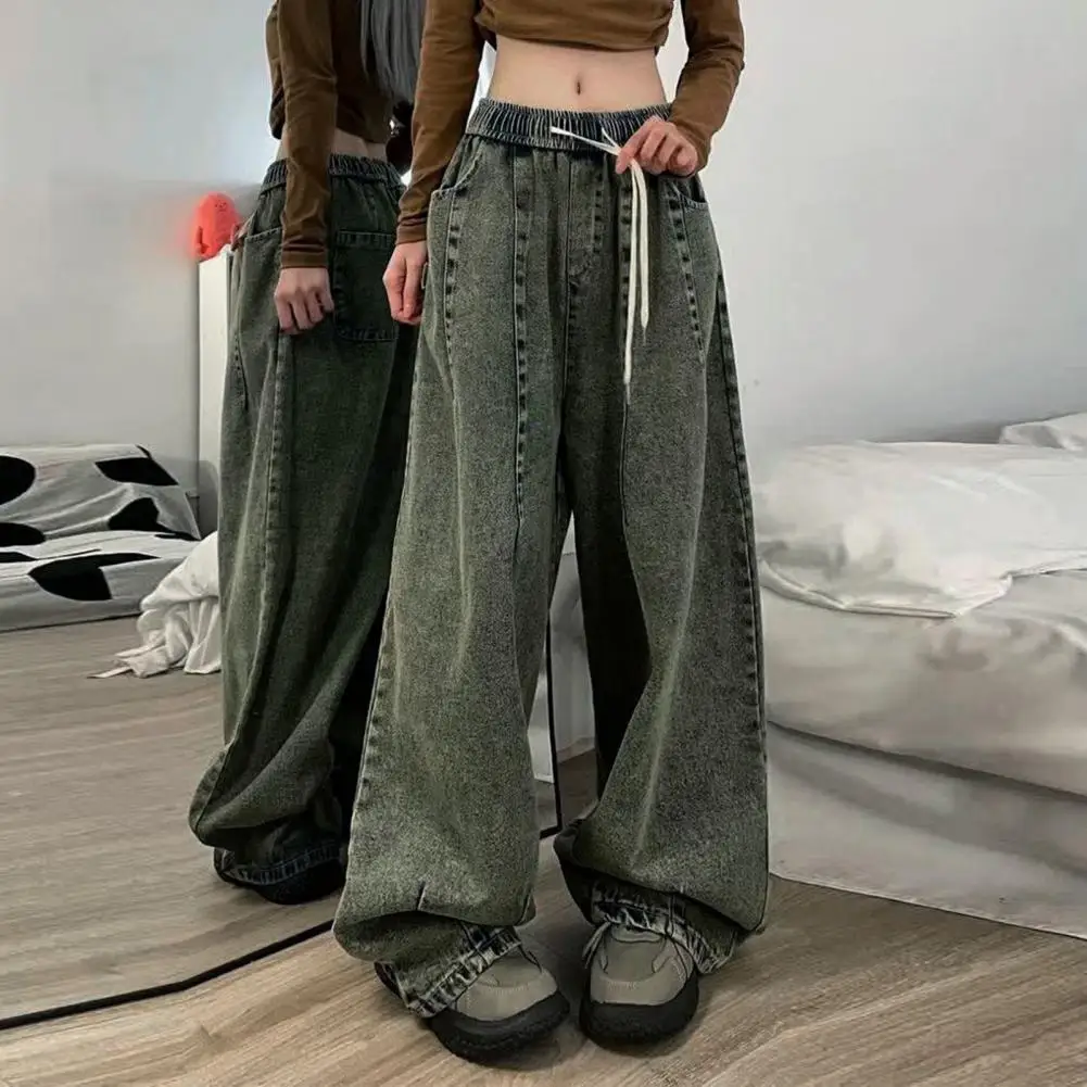 Baggy Wide Leg Jeans Women Vintage Washed Denim Pants Deep Crotch Pockets Straight Long Pants Casual Straight Denim Trousers