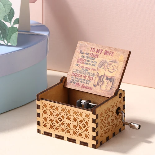 미니 나무 핸드 크랭크 뮤지컬 상자, 추수감사절 홈 데코, 최고의 선물, 내 아내 뮤직박스 조각 테마 
