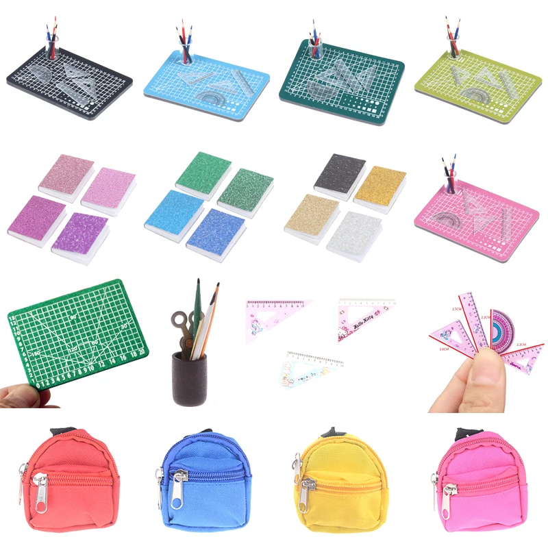 Dollhouse Miniature School Stationery Supplies Ruler Schoolbag Pencil Blackboard Glasses Cutting Mat Model Pretend Play Toy