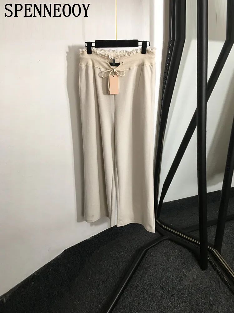 

SPENNEOOY Fashion Runway Autumn Beige Slim Beige Trousers Women's Solid Color Flounces Drawstring Waist Straight Barrel Pants