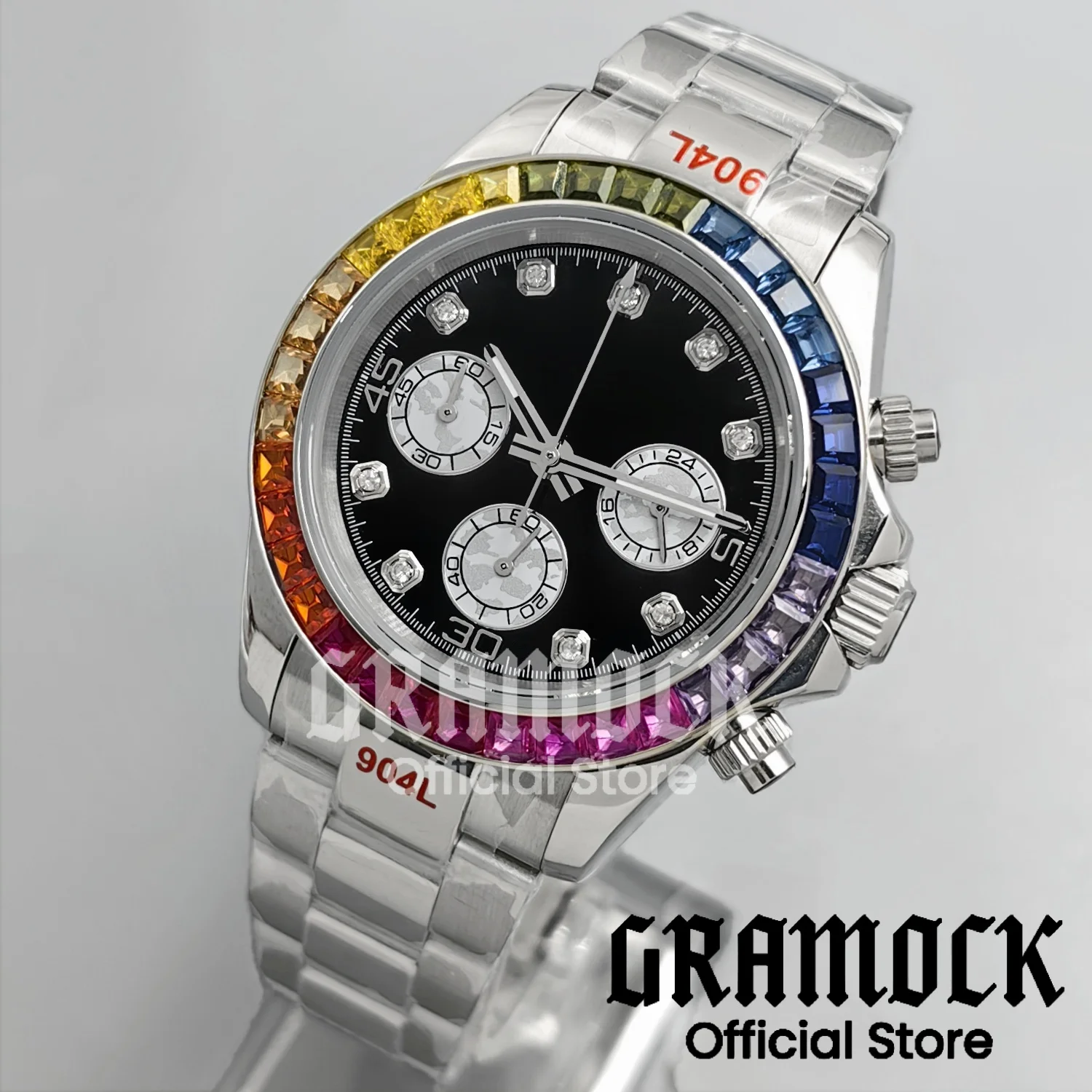 

39mm VK63A Quartz Men Watches Gemstone Bezel Sapphire Crystal Chronograph Black Dial Diamond Waterproof Stainless Steel Bracelet