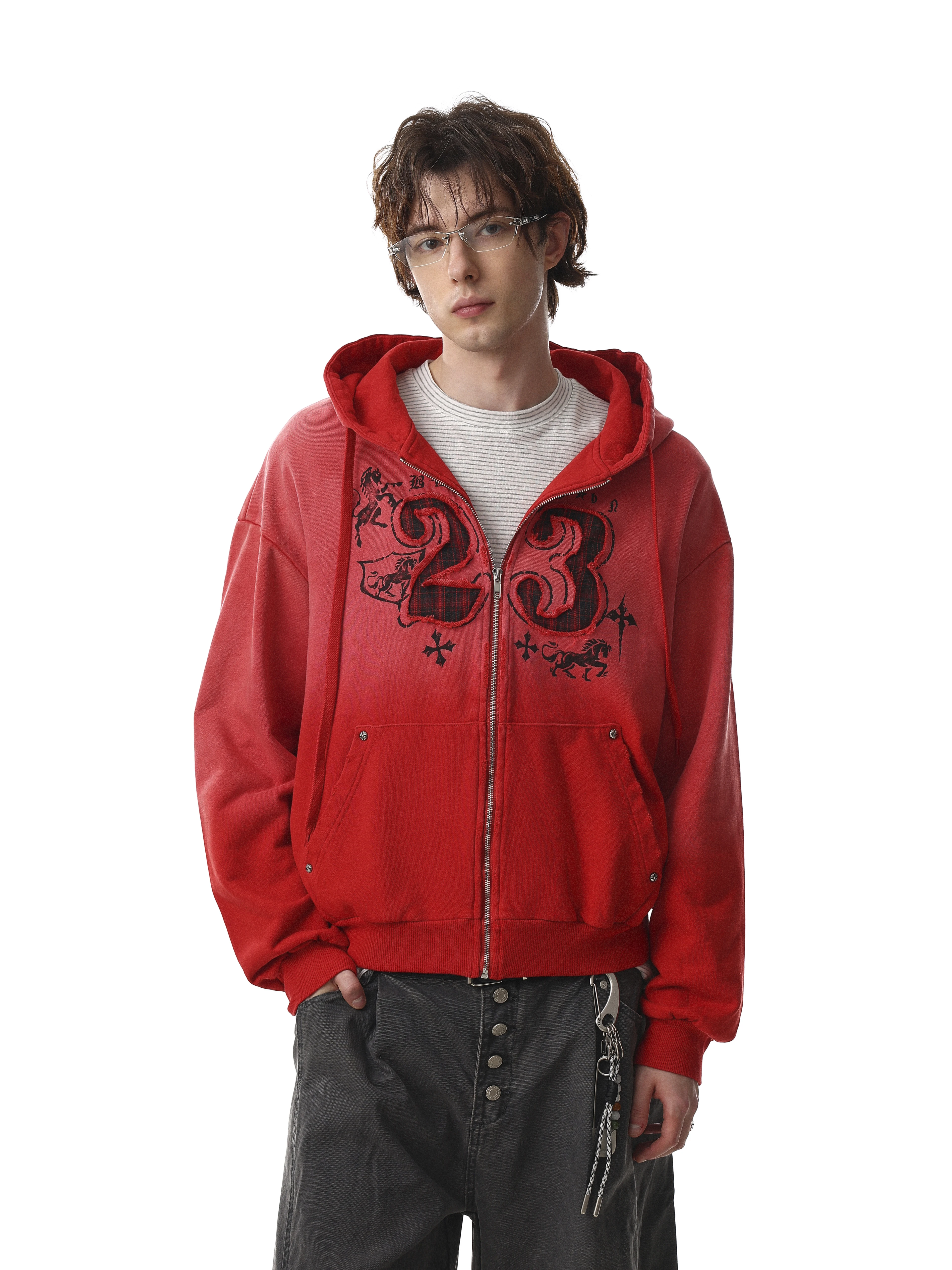 MRNEARLY American Street Style Washed Vintage Digital Embroidery Hoodie Men Loose Design Trendy Open Cardigan Sweatshirt