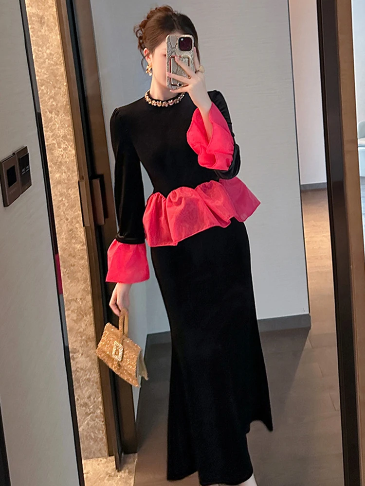 ชุดเดรสยาวสีดำ คอทรงโอ แต่งระบาย ทรงเข้ารูป สไตล์หรูหรา สำหรับผู้หญิง แฟชั่นงานปาร์ตี้ งานพรอม ชุดราตรี ชุดออกงาน  แบบใหม่