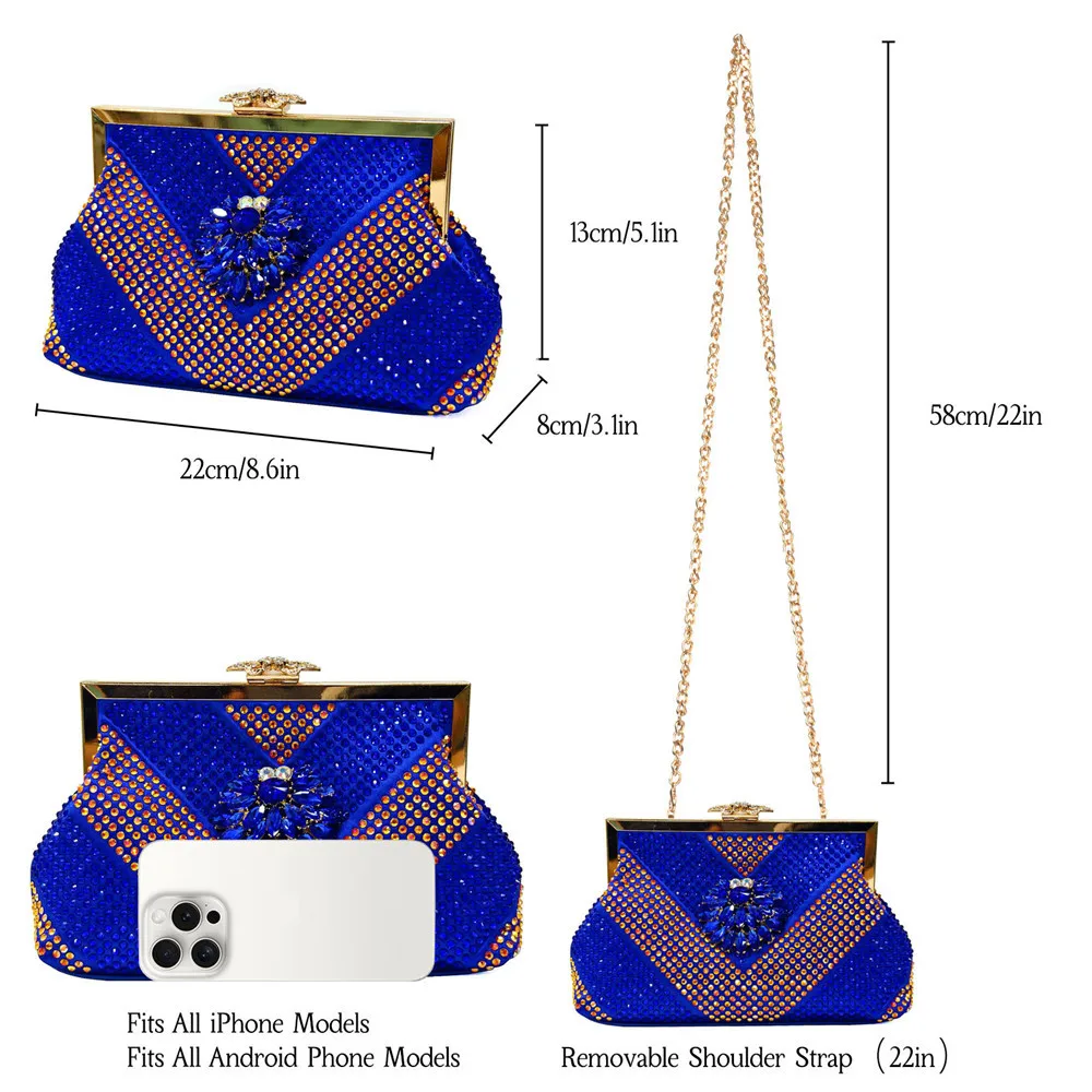 The Blue Shiny Women Party Clutch Bow Buckle Luxury Evening Bags Wedding Dinner Handbags With Chain Rhinestones 2024