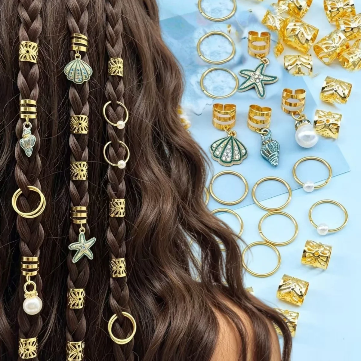 46-teiliges Ozean-Themen Gold-Haaranhänger-Set: Seestern, Muschel, Schnecke, Perlen-Dreadlock-Perlen-Accessoires für Frauen und Mädchen