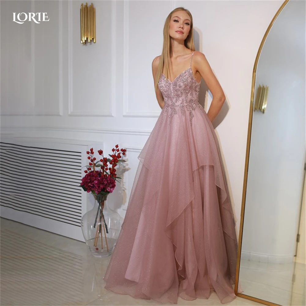 

LORIE Blush Pink Formal Prom Dresses Spaghetti Straps Tiered Ruffles Beadings Princess Evening Dress Arabia Pageant Party Gowns