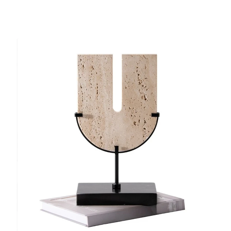 

U-shaped geometric travertine marble safety buckle ornament model room study soft TV cabinet
