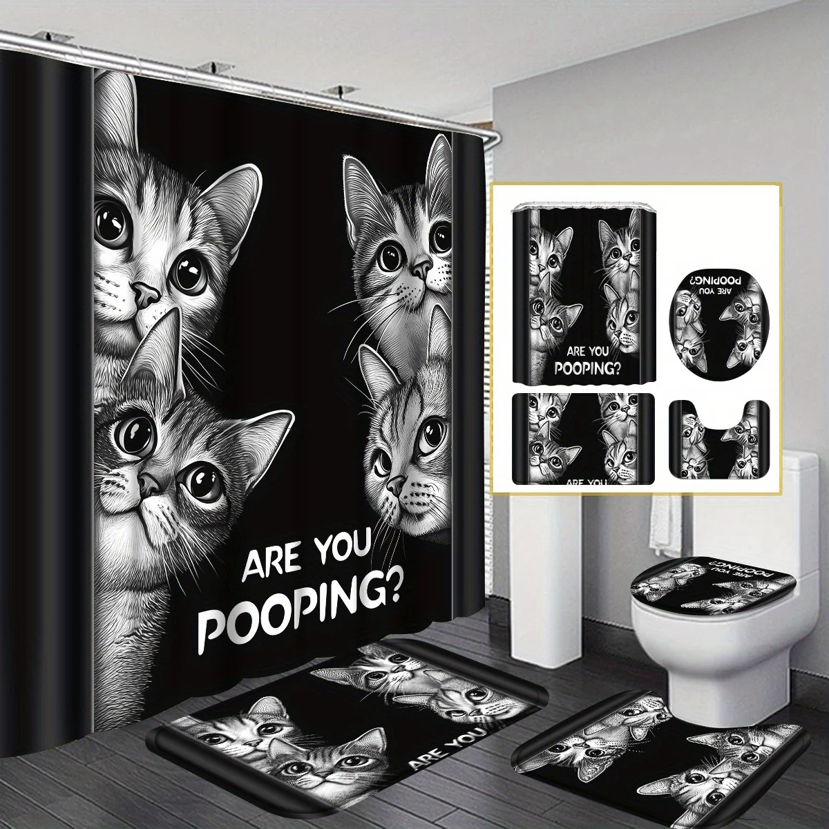 

4pcs Funny Black Cat Shower Curtain Set, Are You Pooping Curious Kitty Retro Effect Whimsically Hilarious Joke Concept, Waterpro