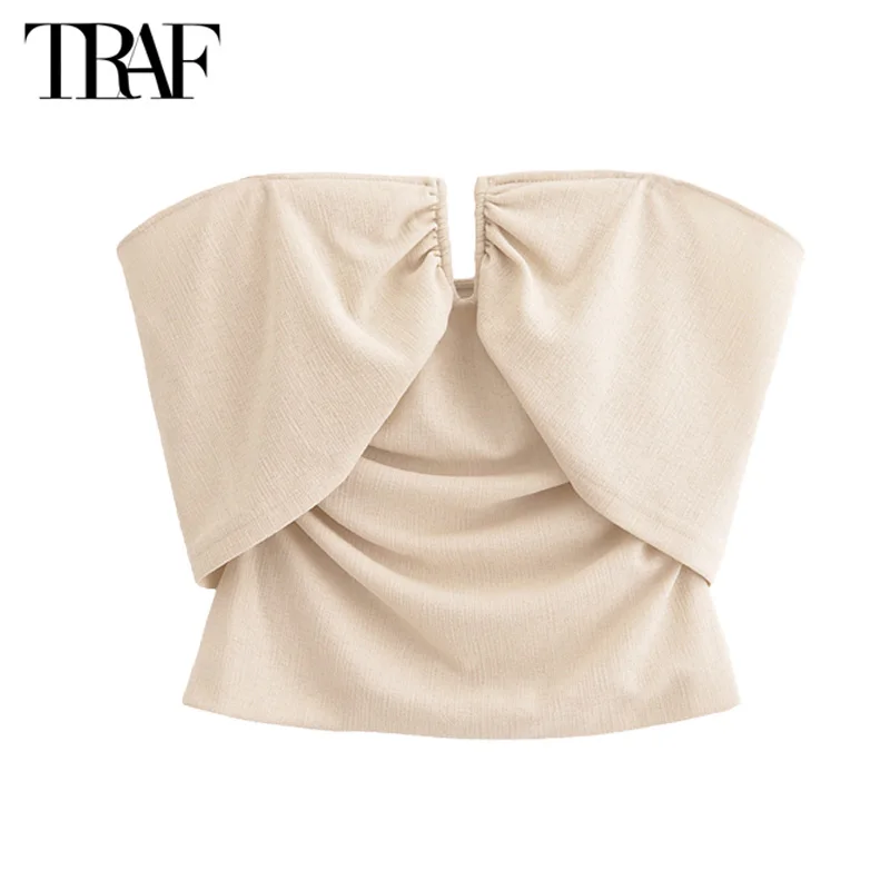 TRAF Top Women Summer 2024 Off Shoulder Tank&Camis Cropped Top Ladies Fashion Casual Elegant Sleeveless Backless Beige Tank Tops