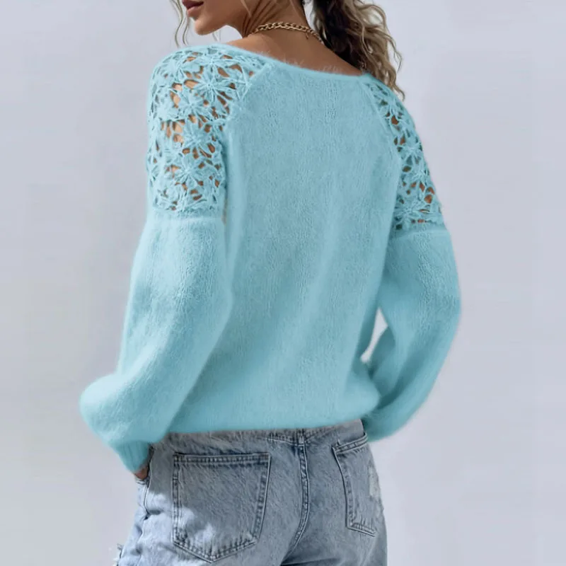 سترة محبوكة فضفاضة بياقة دائرية للربيع، بلوزة نسائية مثيرة بنقشة جاكار دانتيل مجوفة، سترة محبوكة بأكمام طويلة للخريف، سترة هاراجوكو