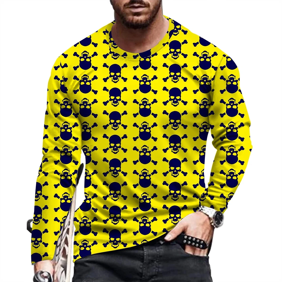 مطبوعة الحجم الأوروبي تي شيرت بأكمام طويلة للرجال الاتجاه الجديد موضة الجمجمة عادية الخريف الجولة الرقبة تيز Y2K الشارع الشهير #5