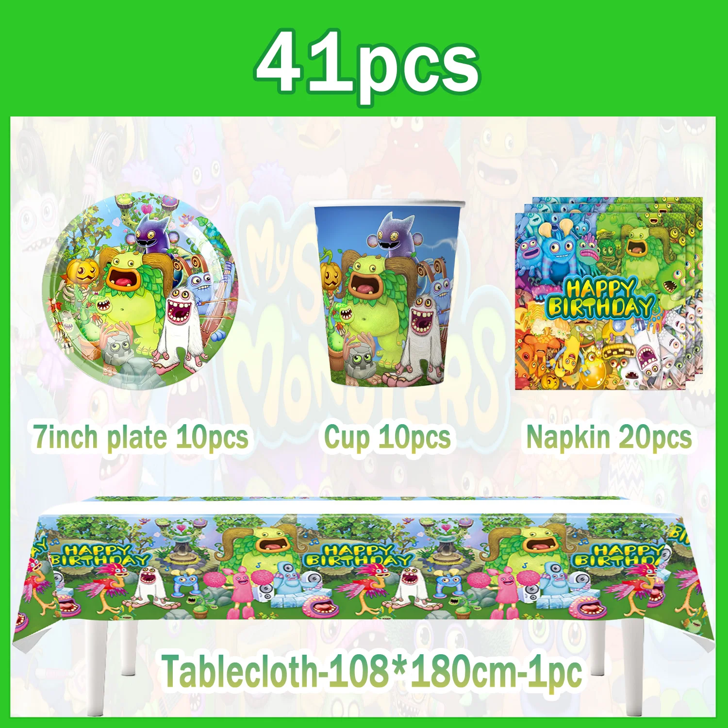 Cartoon My Singing Monsters Themen-Geburtstags-Tischset Banner Teller Becher Servietten Monster-Hintergrund Kinder Jungen Geburtstagsparty Zubehör – Detail 7