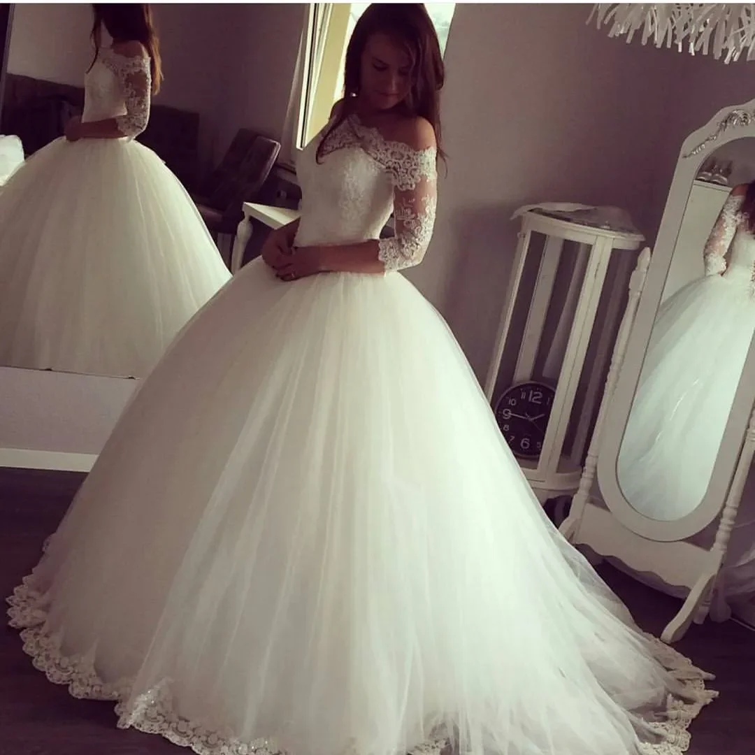 New Off Shoulder Ball Gown Wedding Dresses Appliques 1/2 Sleeves Lace Applique Bridal Gowns Corset Backless Long Vestidos de nov