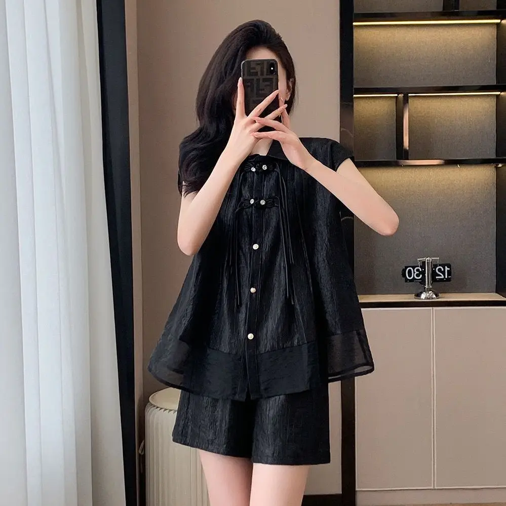 Women\'s Loose Fitting Casual Fashion Set Summer New Chinese Style Button Up Sleeveless Shirt and Shorts Two-piece Set for Women