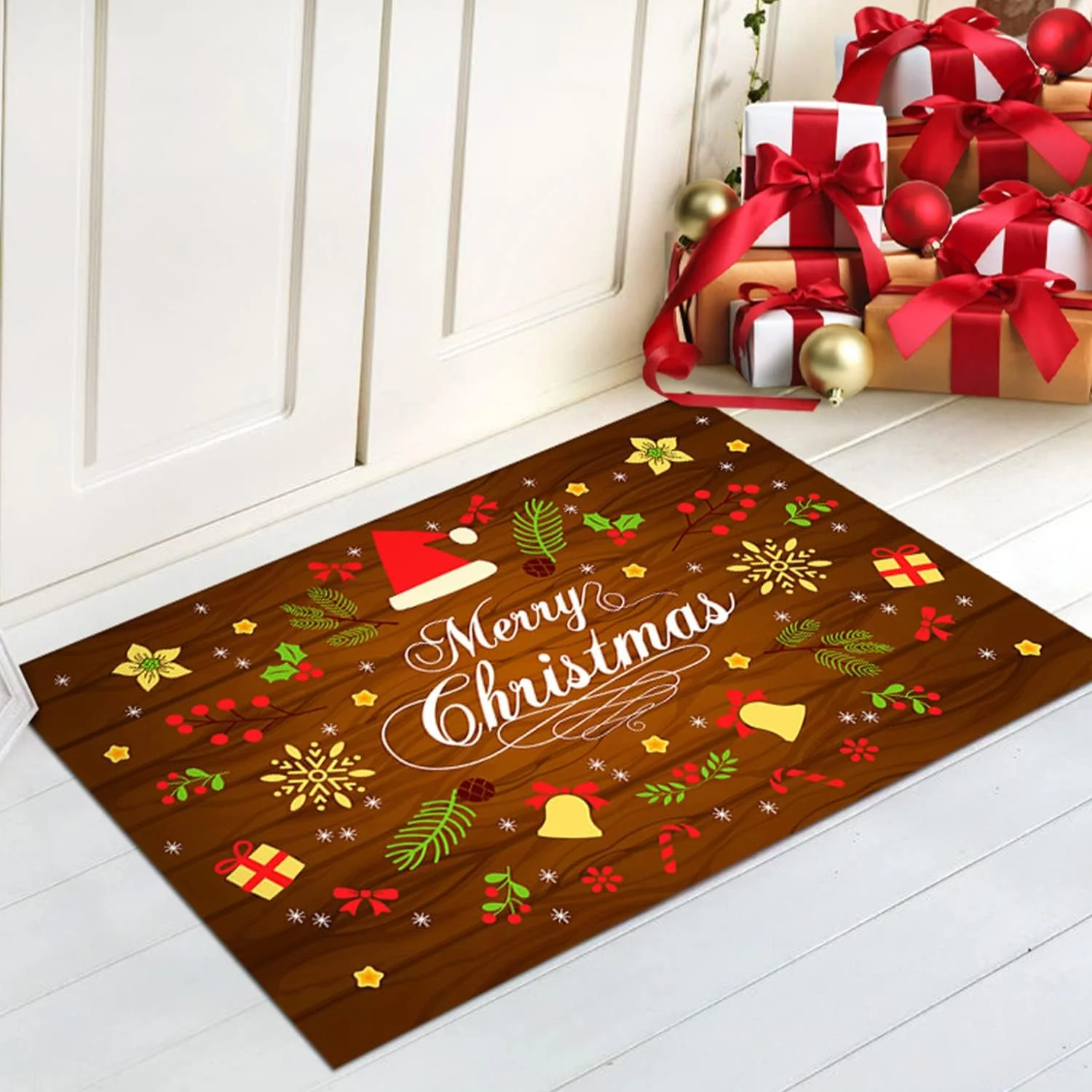 Weihnachtsferien-Willkommensteppich, Fußmatte, festlicher rutschfester Türteppich für Wohnzimmer, Schlafzimmer, Küche, Eingang, Zuhause, saisonale Dekoration