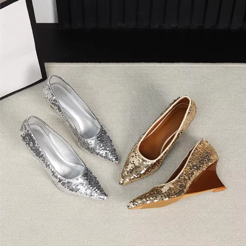 

French Sequins Cloth Wedding Party Dress Wedges Platform Shoes Women Spring Summer Pointed Toe High Heels Ladies Bling Pumps
